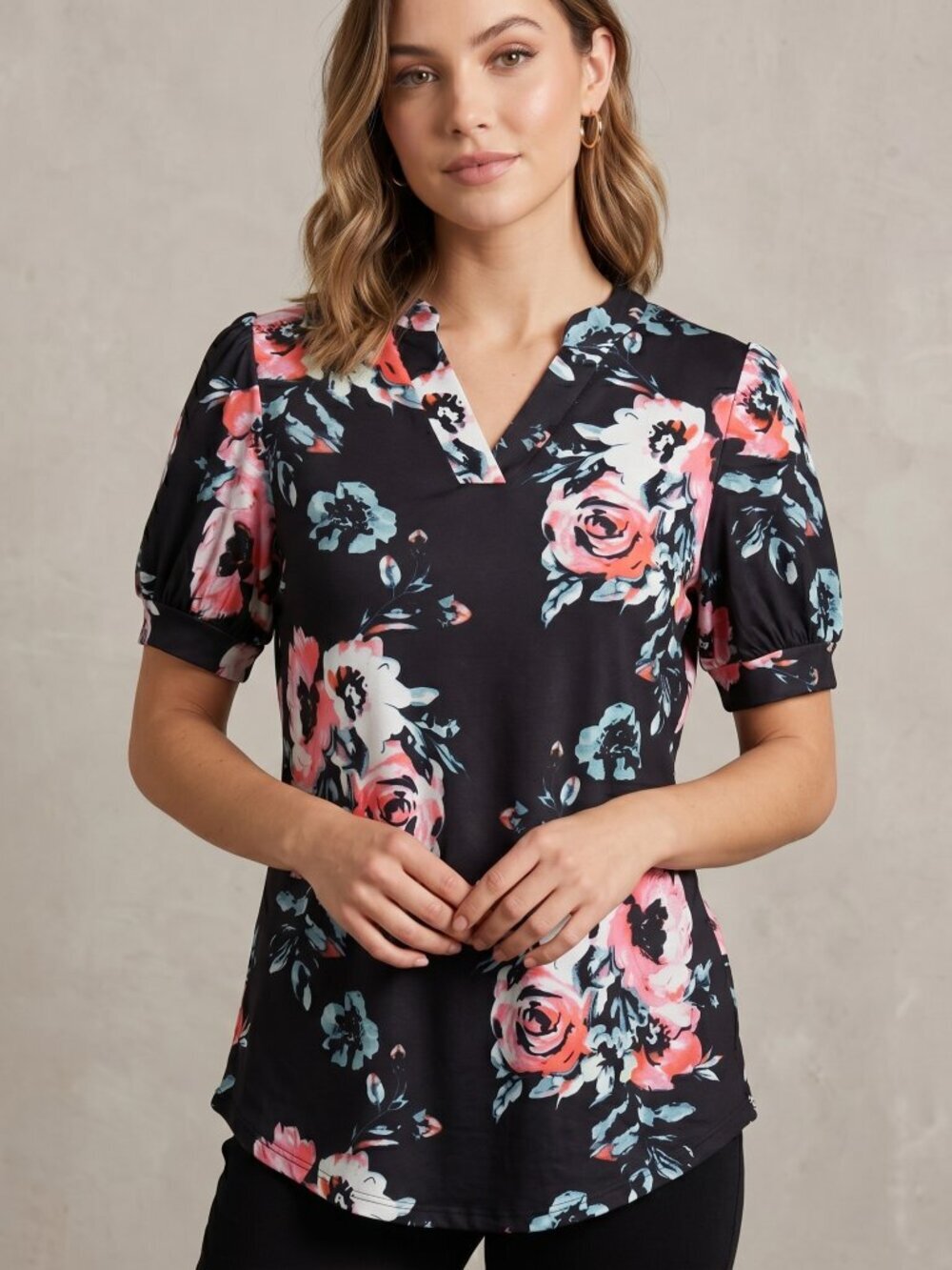 NWOT | Black Pink Floral Print V-Neck Tunic Top Puff Sleeve Hi-Low Hem | Medium